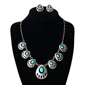 Navajo Vintage Turquoise Bear Paw Sterling Silver Necklace and Earrings Set